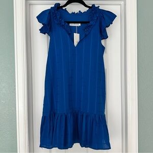 Never A Wallflower Rachel Flutter Sleeve Cotton Windowpane Dress Blue Sz XS NWT‎
